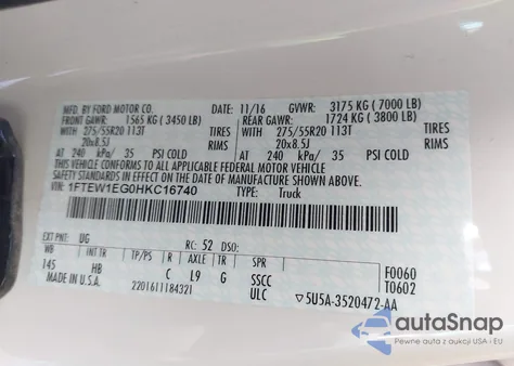 2017 Ford F-150 Lariat из США, поврежденный, VIN 1FTEW1EG0HKC16740